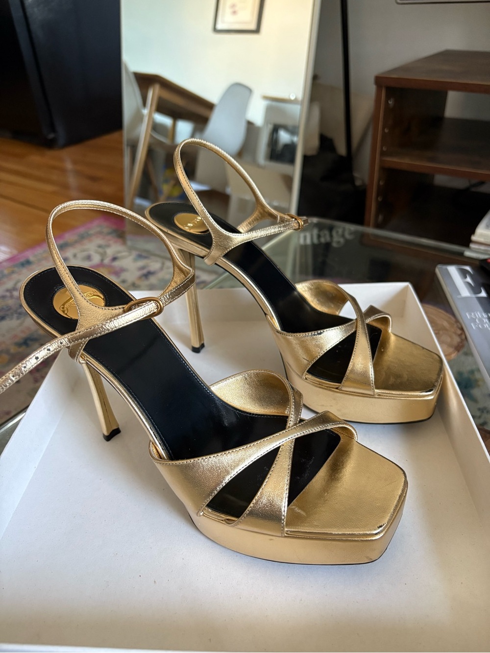 Yves Saint Laurent Debbie Metallic Gold Platform Strappy High Heel Pumps